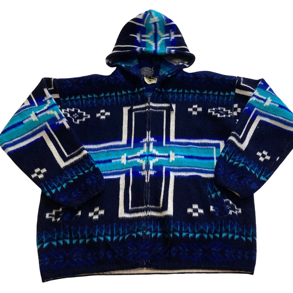 Earth Ragz Blue Aztec Southwest Zip Hoodie Western Wool Cotton Jacket Sz LARGE